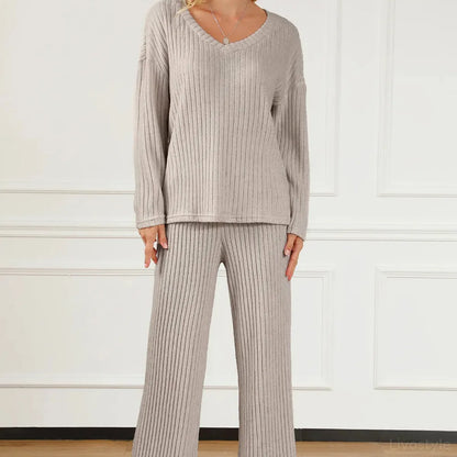 Ribbed V-Neck Top and Pants Lounge Set — square view — Livostyle
