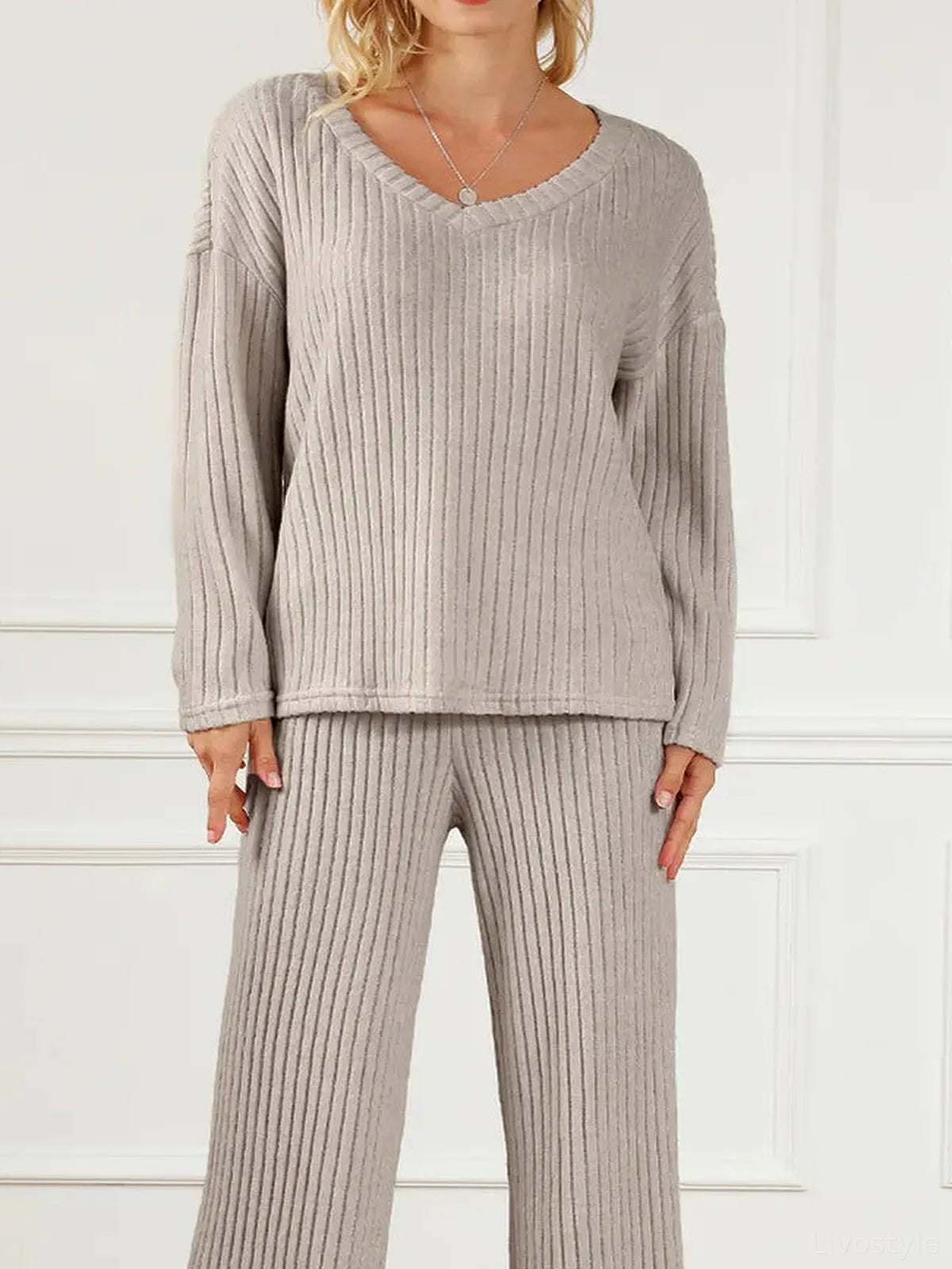 Ribbed V-Neck Top and Pants Lounge Set — detail view — Livostyle