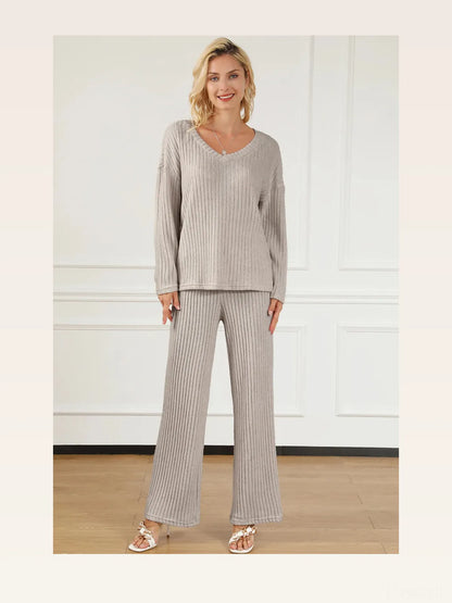 Ribbed V-Neck Top and Pants Lounge Set — styled showcase — Livostyle
