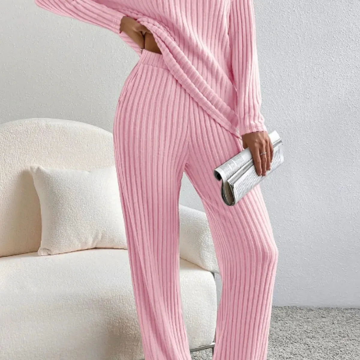 Ribbed V-Neck Top and Pants Lounge Set — square view — Livostyle