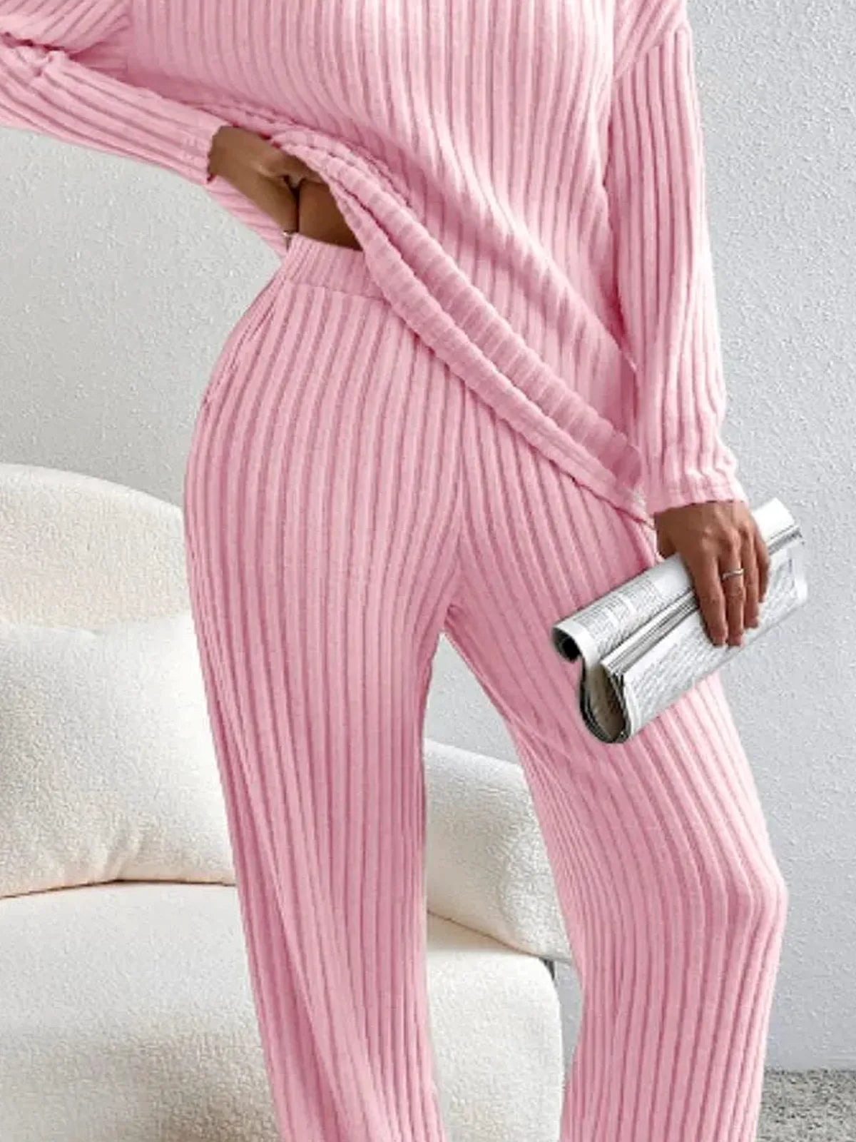Ribbed V-Neck Top and Pants Lounge Set — detail view — Livostyle