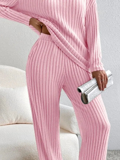 Ribbed V-Neck Top and Pants Lounge Set — detail view — Livostyle