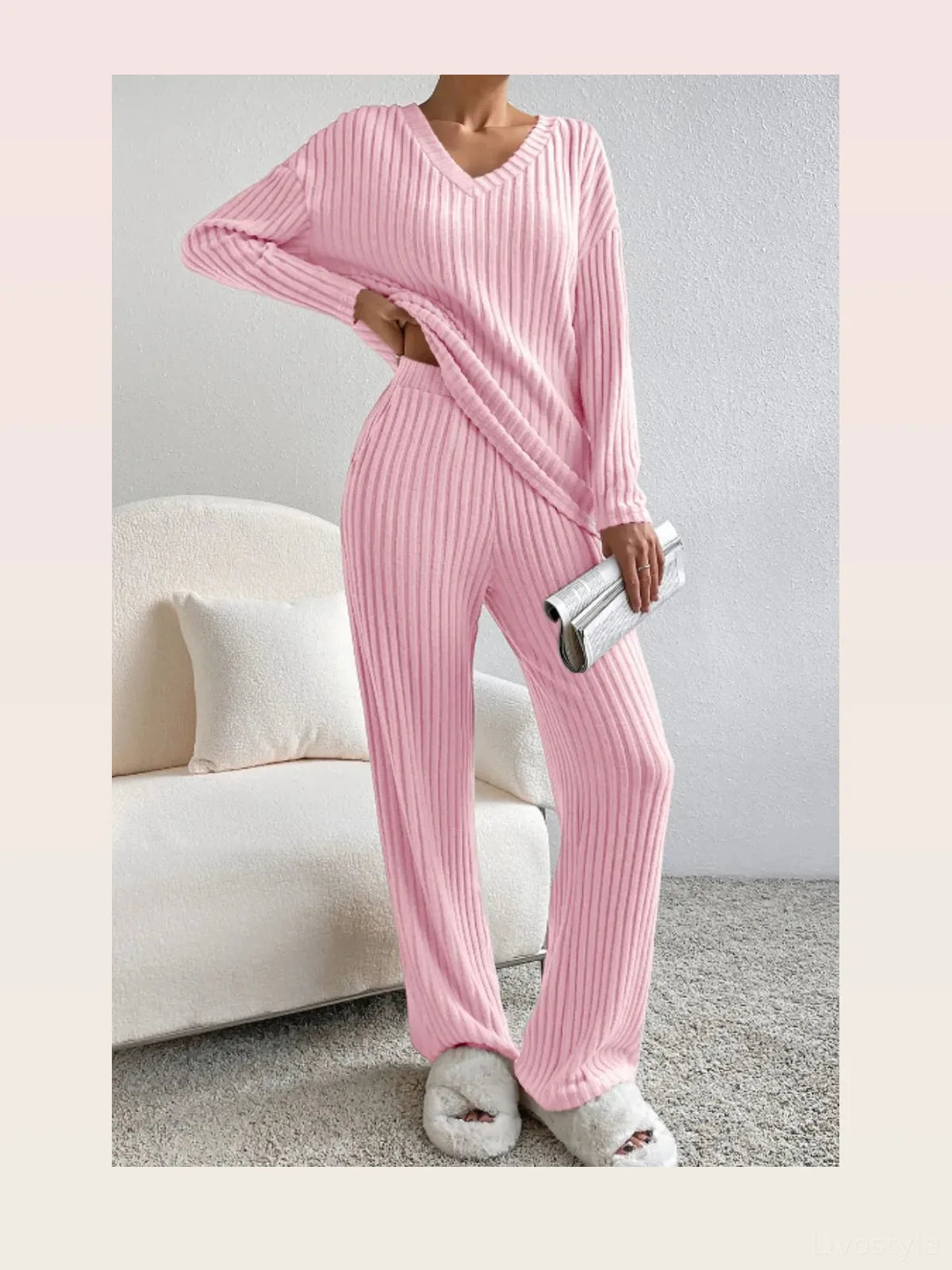 Ribbed V-Neck Top and Pants Lounge Set — styled showcase — Livostyle