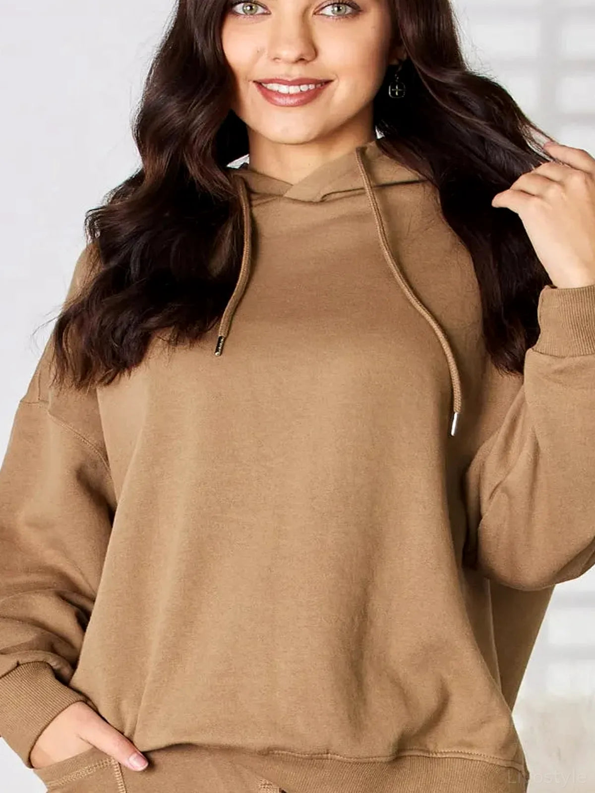 Drawstring Drop-Shoulder Long-Sleeve Hoodie — detail view — Livostyle