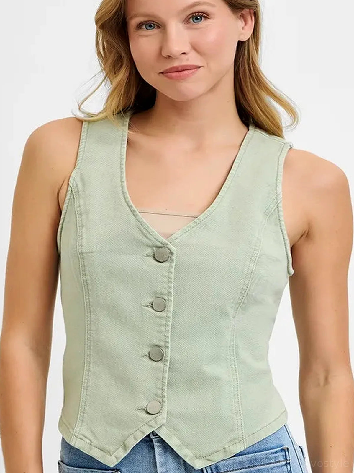V Neck Button Down Vest — detail view — Livostyle