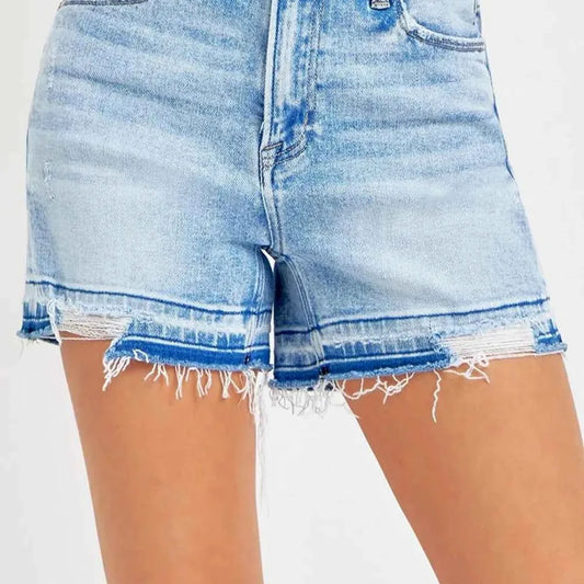 High Rise Distressed Hem Denim Shorts — square view — Livostyle