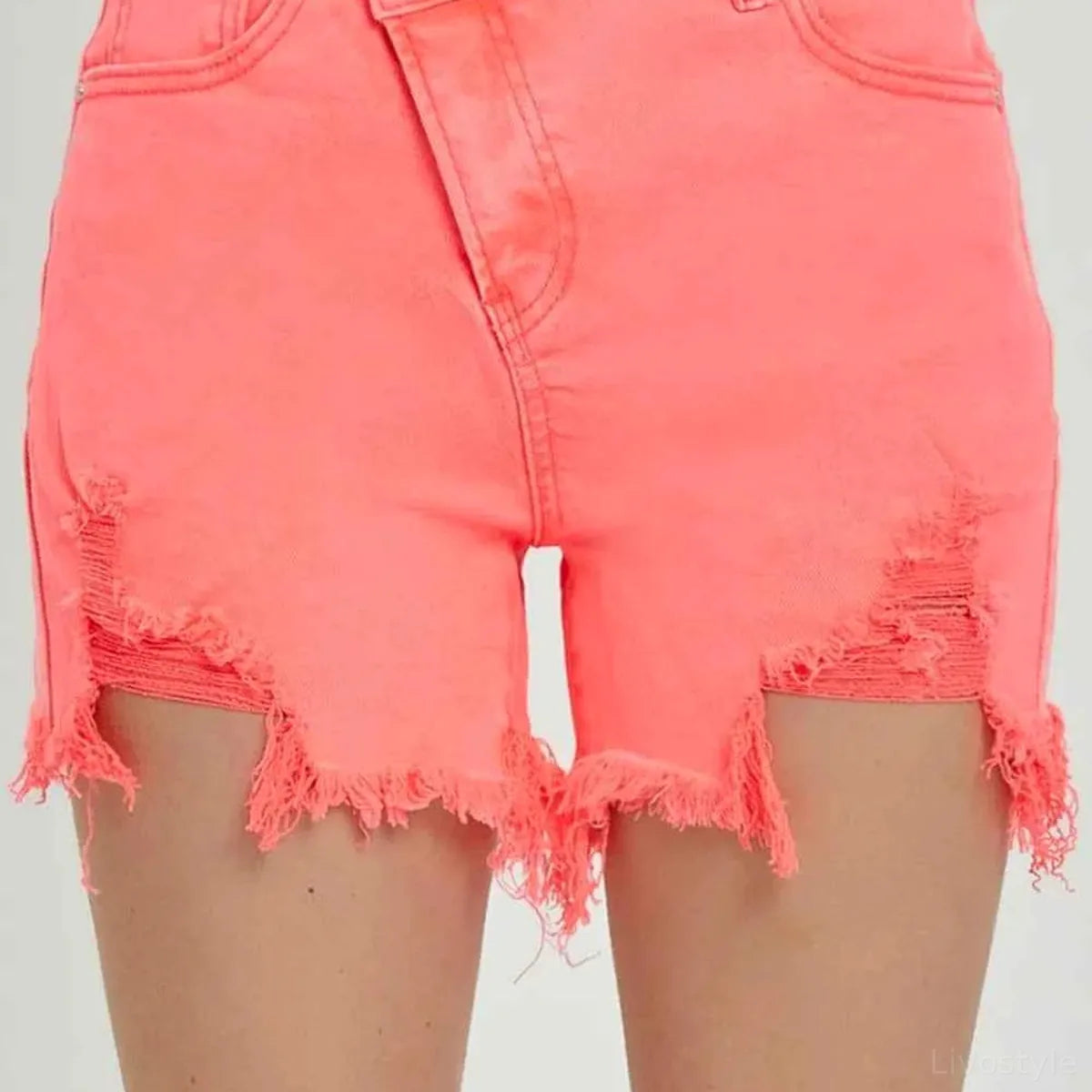 Raw Hem Asymmetrical Waist Denim Shorts — square view — Livostyle
