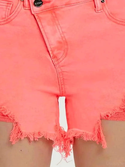 Raw Hem Asymmetrical Waist Denim Shorts — detail view — Livostyle