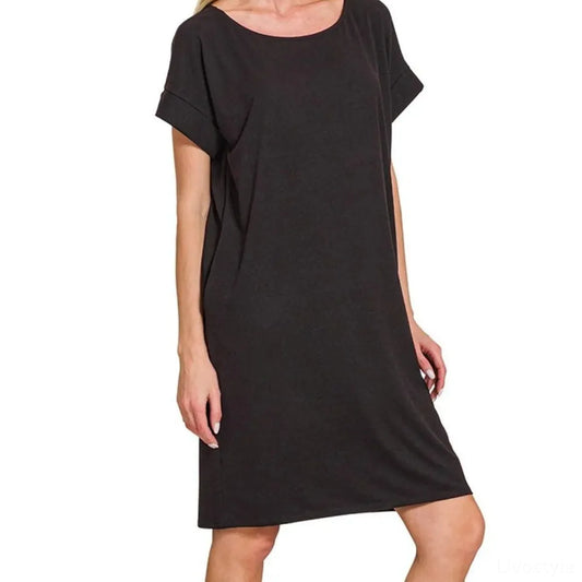 Rolled Short-Sleeve Round-Neck T-Shirt Dress — square view — Livostyle