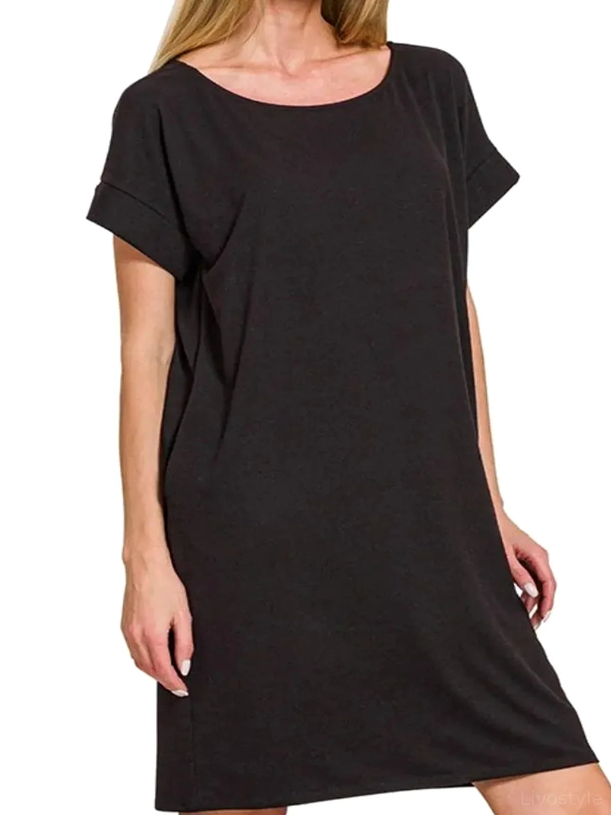 Rolled Short-Sleeve Round-Neck T-Shirt Dress — detail view — Livostyle