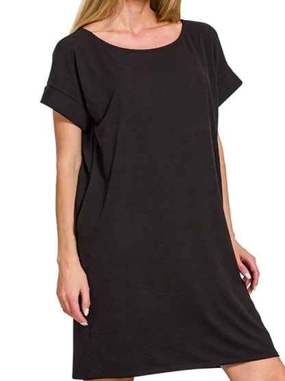 Rolled Short-Sleeve Round-Neck T-Shirt Dress — detail view — Livostyle