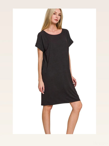 Rolled Short-Sleeve Round-Neck T-Shirt Dress — styled showcase — Livostyle