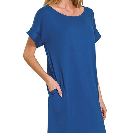 Rolled Short-Sleeve Round-Neck T-Shirt Dress — square view — Livostyle