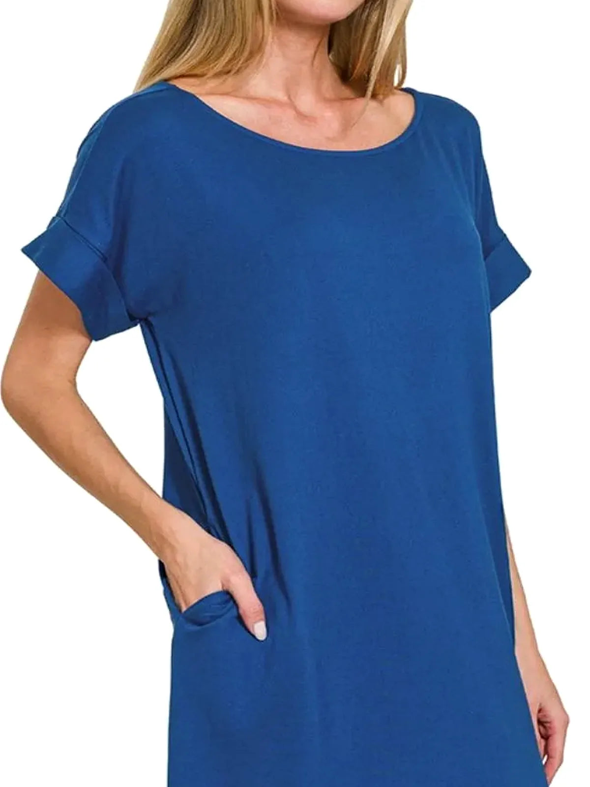 Rolled Short-Sleeve Round-Neck T-Shirt Dress — detail view — Livostyle
