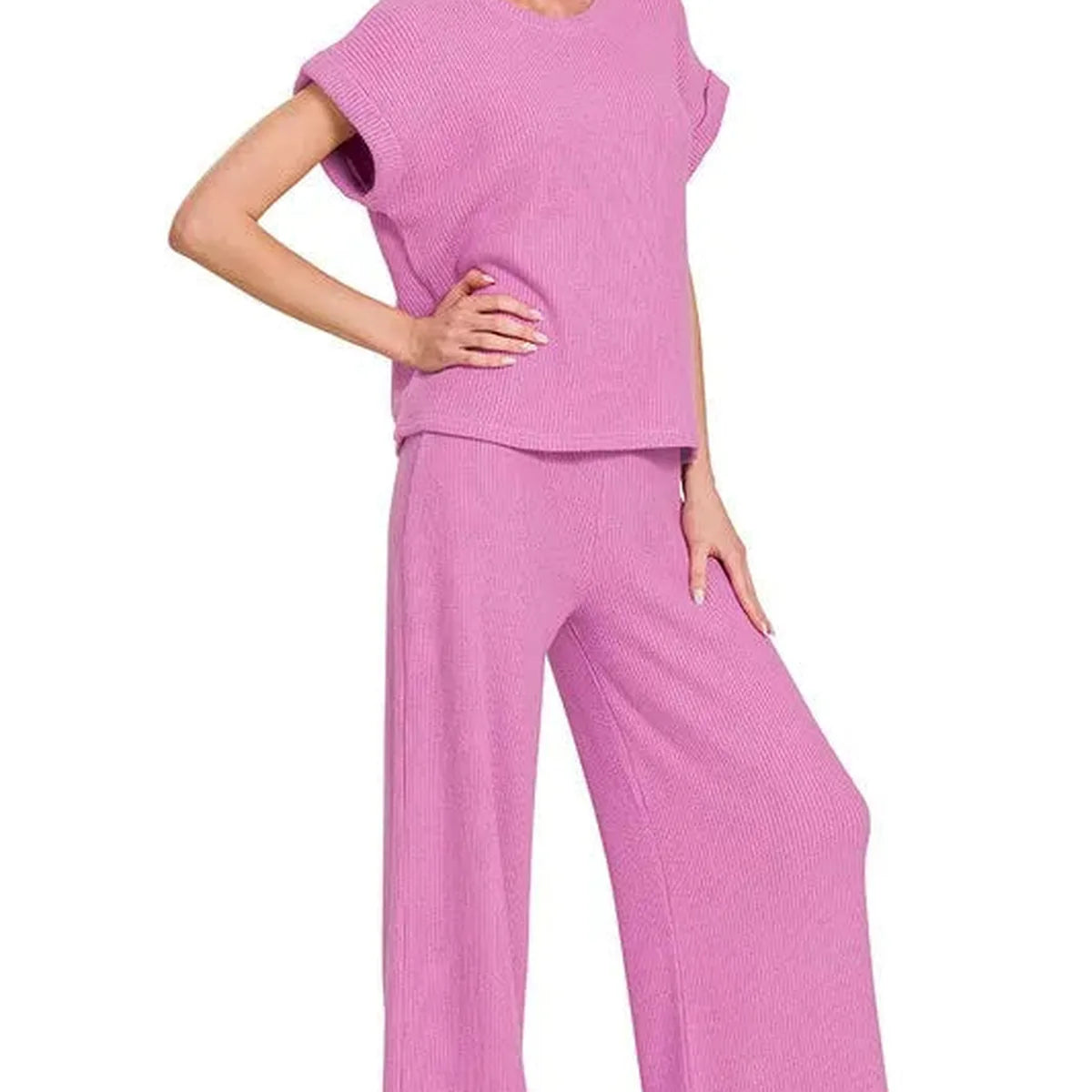 Rolled Sleeve Top and Pants Sweater Set in MAUVE — square view — Livostyle