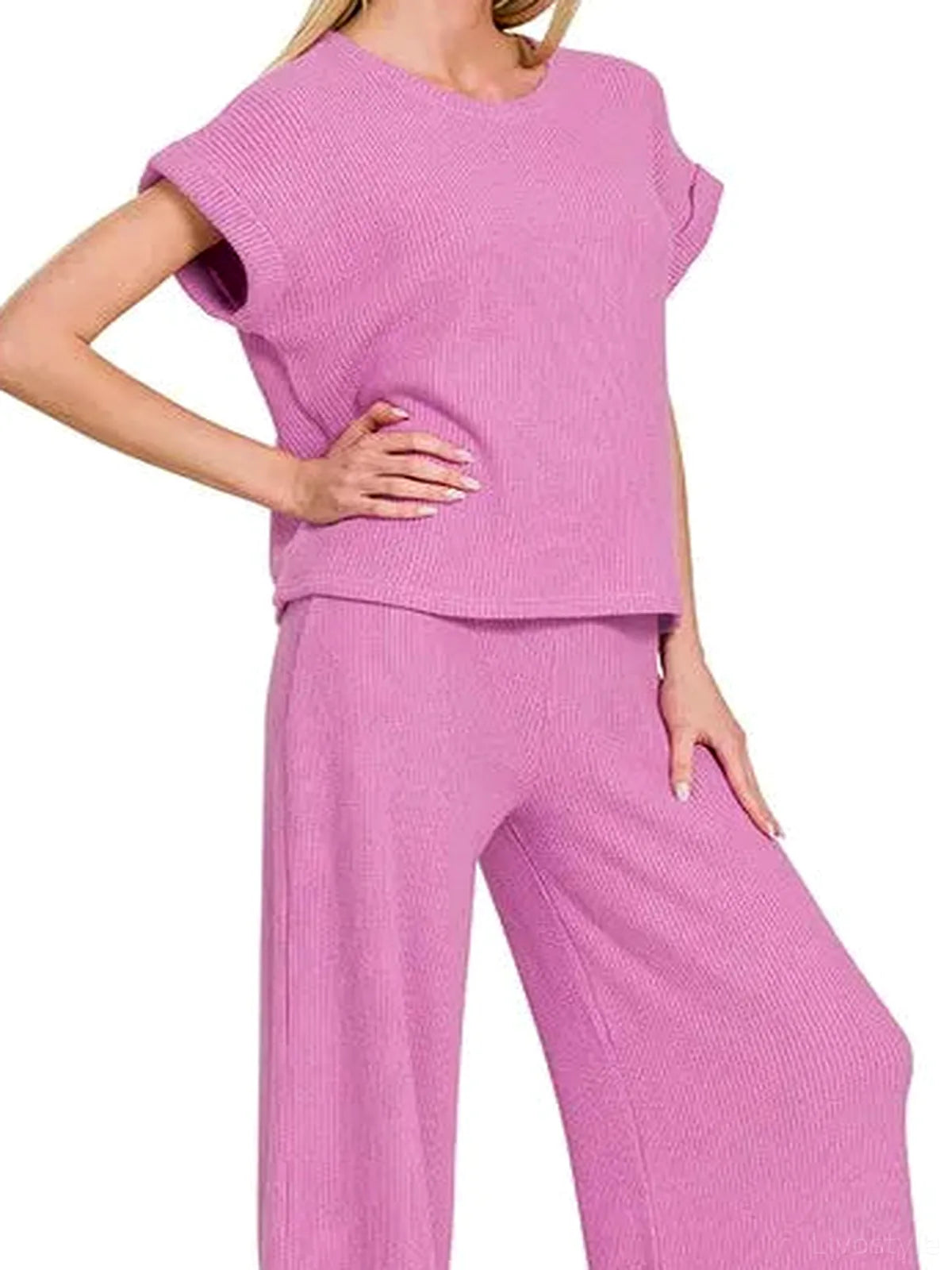 Rolled Sleeve Top and Pants Sweater Set in MAUVE — detail view — Livostyle