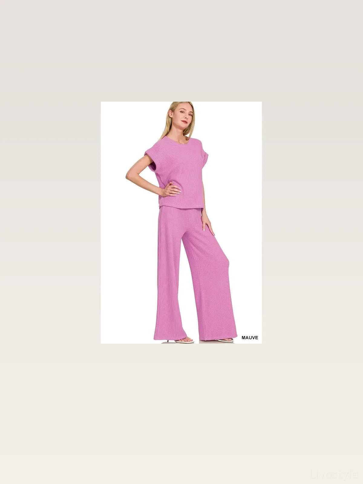 Rolled Sleeve Top and Pants Sweater Set in MAUVE — styled showcase — Livostyle