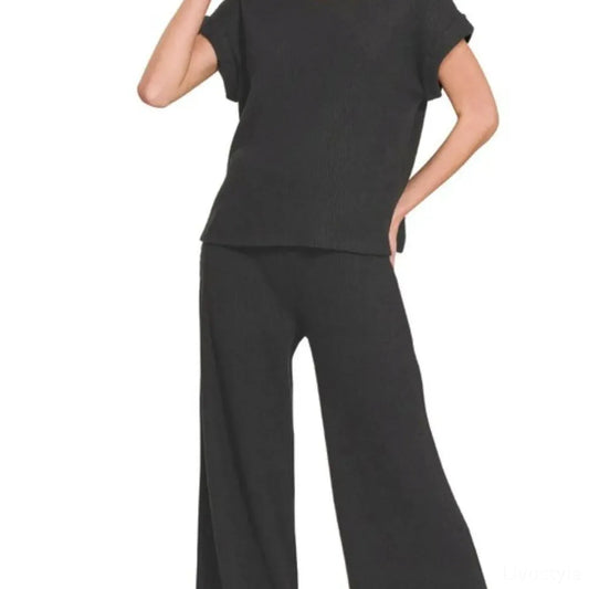 Rolled Sleeve Top and Pants Sweater Set in BLACK — square view — Livostyle