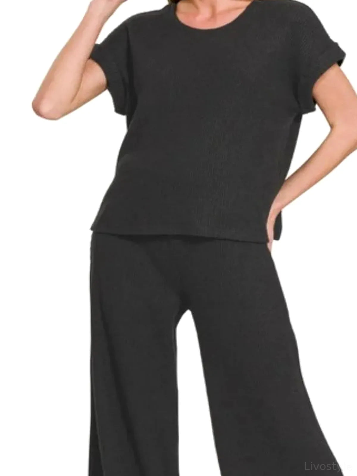Rolled Sleeve Top and Pants Sweater Set in BLACK — detail view — Livostyle