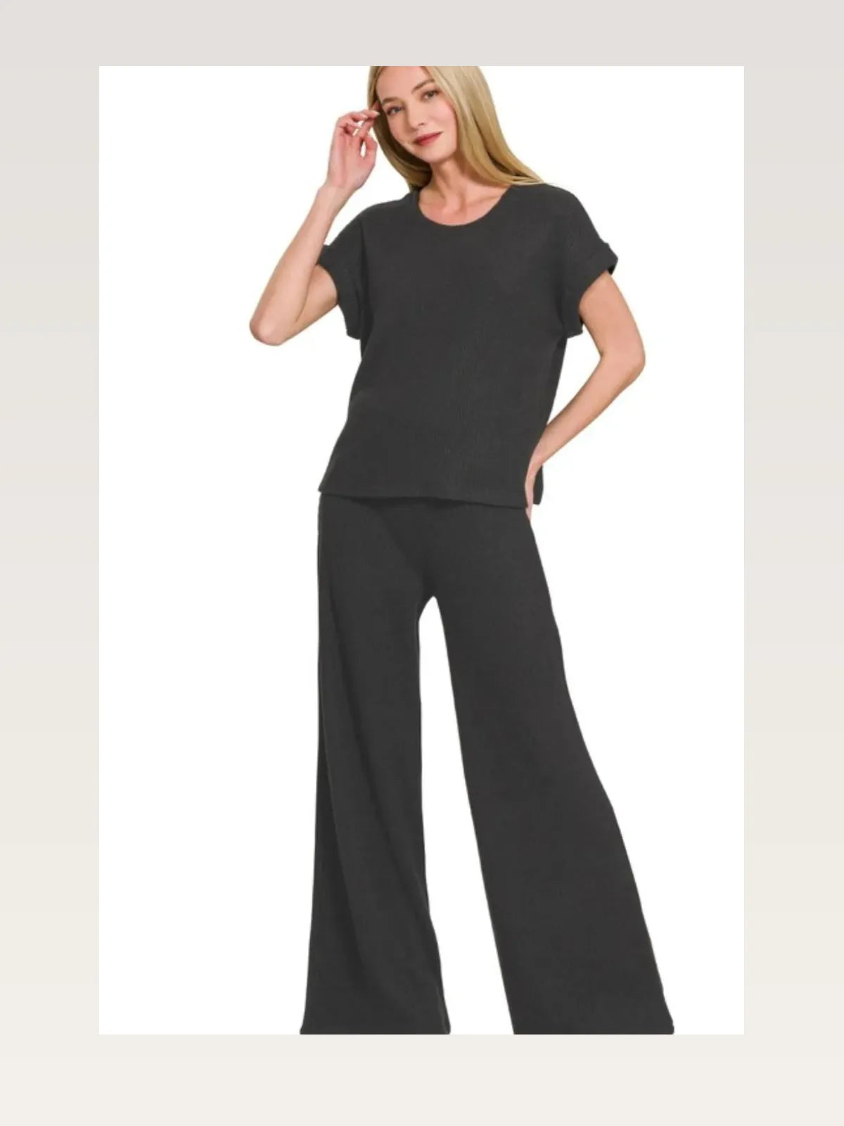 Rolled Sleeve Top and Pants Sweater Set in BLACK — styled showcase — Livostyle