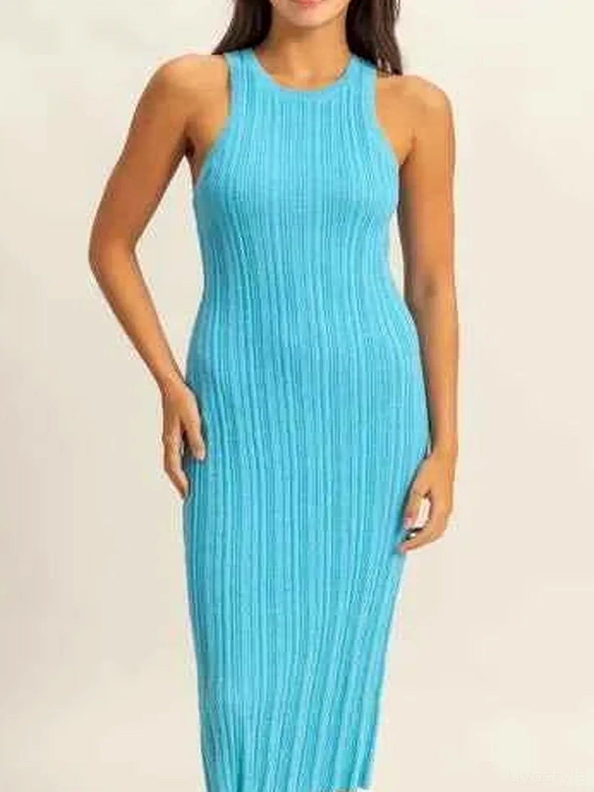 Blue Round Neck Bodycon Ribbed Knit Dress – photo 4
