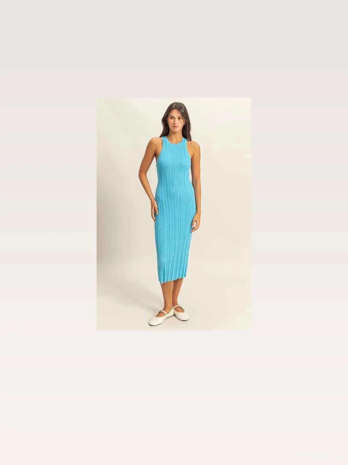Blue Round Neck Bodycon Ribbed Knit Dress – photo 3
