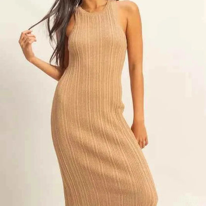 Round Neck Bodycon Ribbed Knit Dress in DARK TAUPE — square view — Livostyle