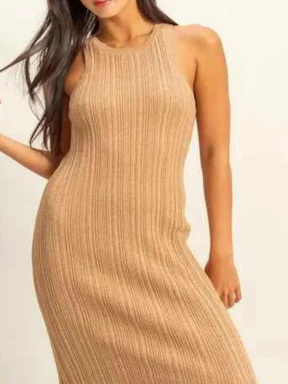 Round Neck Bodycon Ribbed Knit Dress in DARK TAUPE — detail view — Livostyle