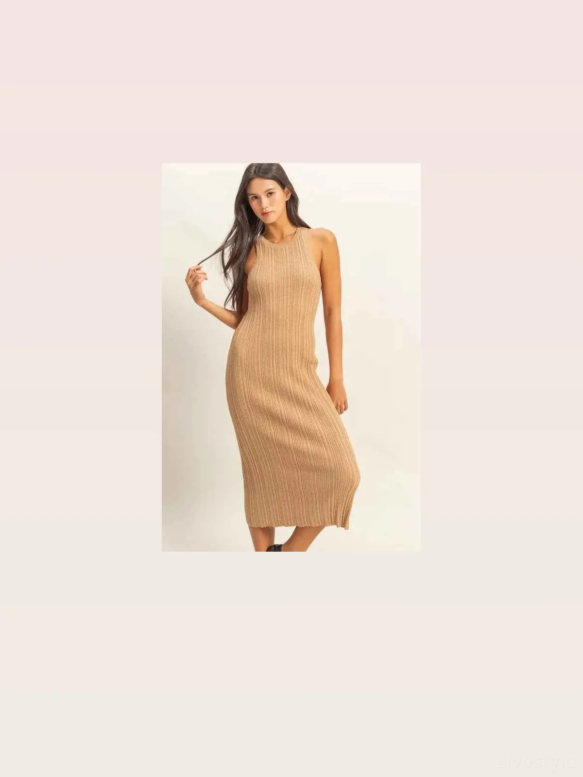 Round Neck Bodycon Ribbed Knit Dress in DARK TAUPE — styled showcase — Livostyle