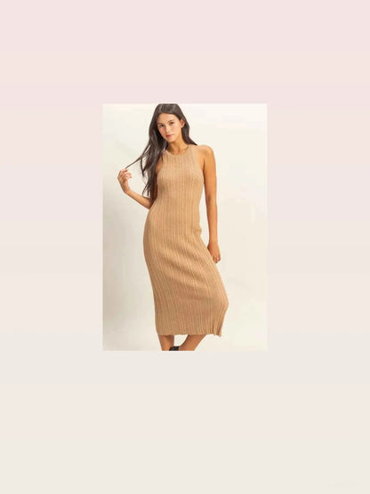 Round Neck Bodycon Ribbed Knit Dress in DARK TAUPE — styled showcase — Livostyle