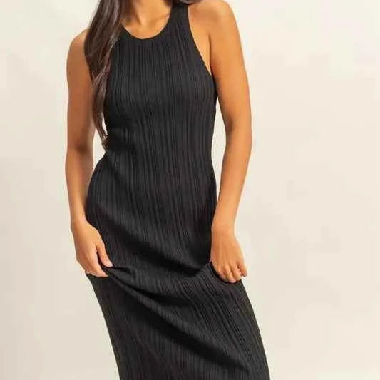 Round Neck Bodycon Ribbed Knit Dress in BLACK — square view — Livostyle