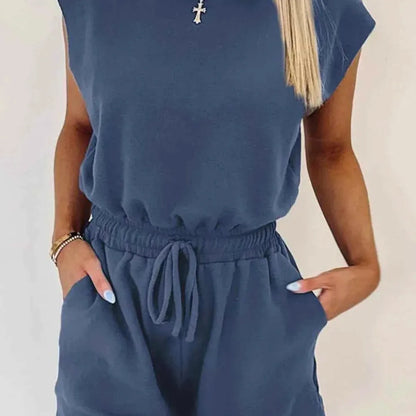 Round Neck Drawstring Waist Romper — square view — Livostyle
