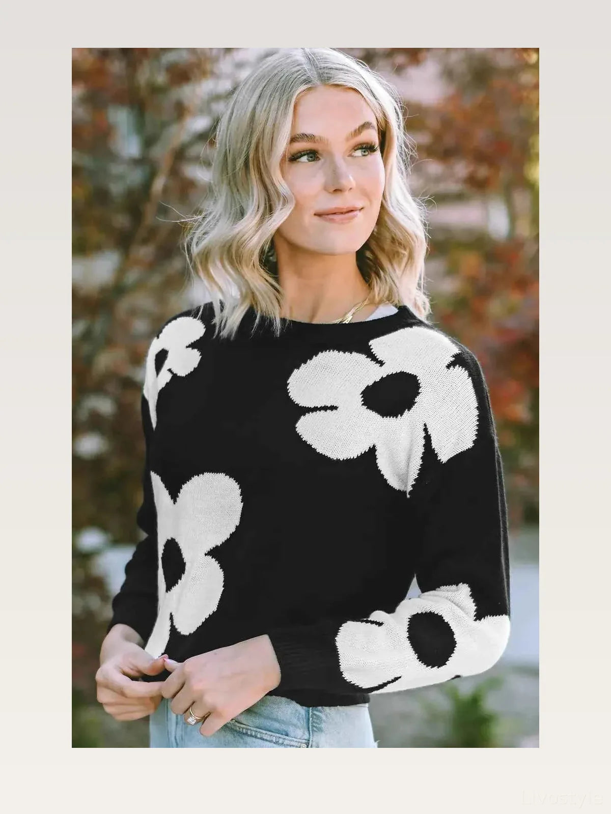Round Neck Floral Pattern Color Contrast Design Long Sleeve  — styled showcase — Livostyle
