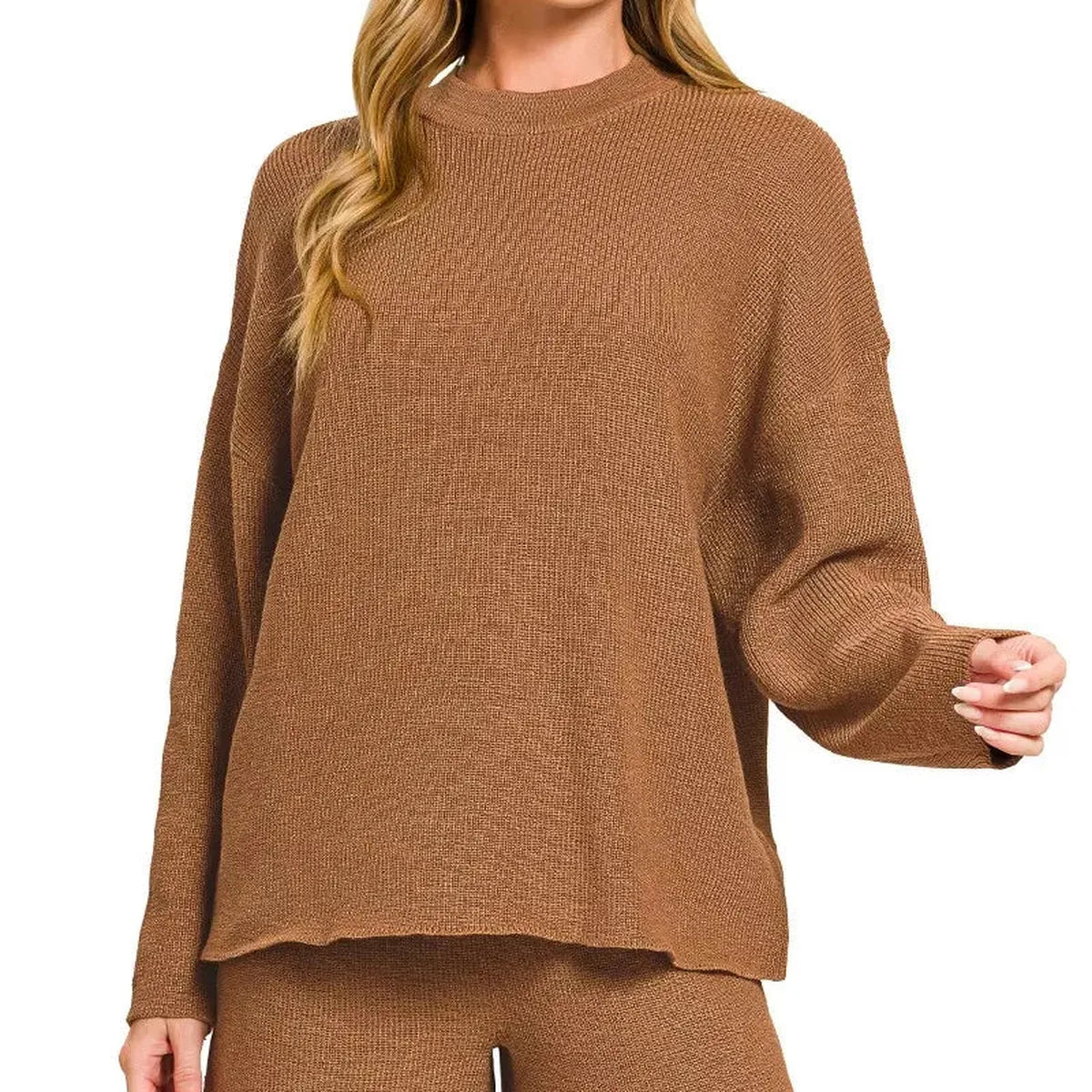 Round-Neck Knit Top & Shorts Sweater Set — square view — Livostyle