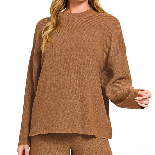 Round-Neck Knit Top & Shorts Sweater Set — square view — Livostyle