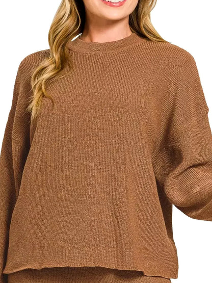 Round-Neck Knit Top & Shorts Sweater Set — detail view — Livostyle