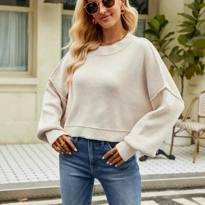 Round Neck Lantern Sleeve Sweater — square view — Livostyle