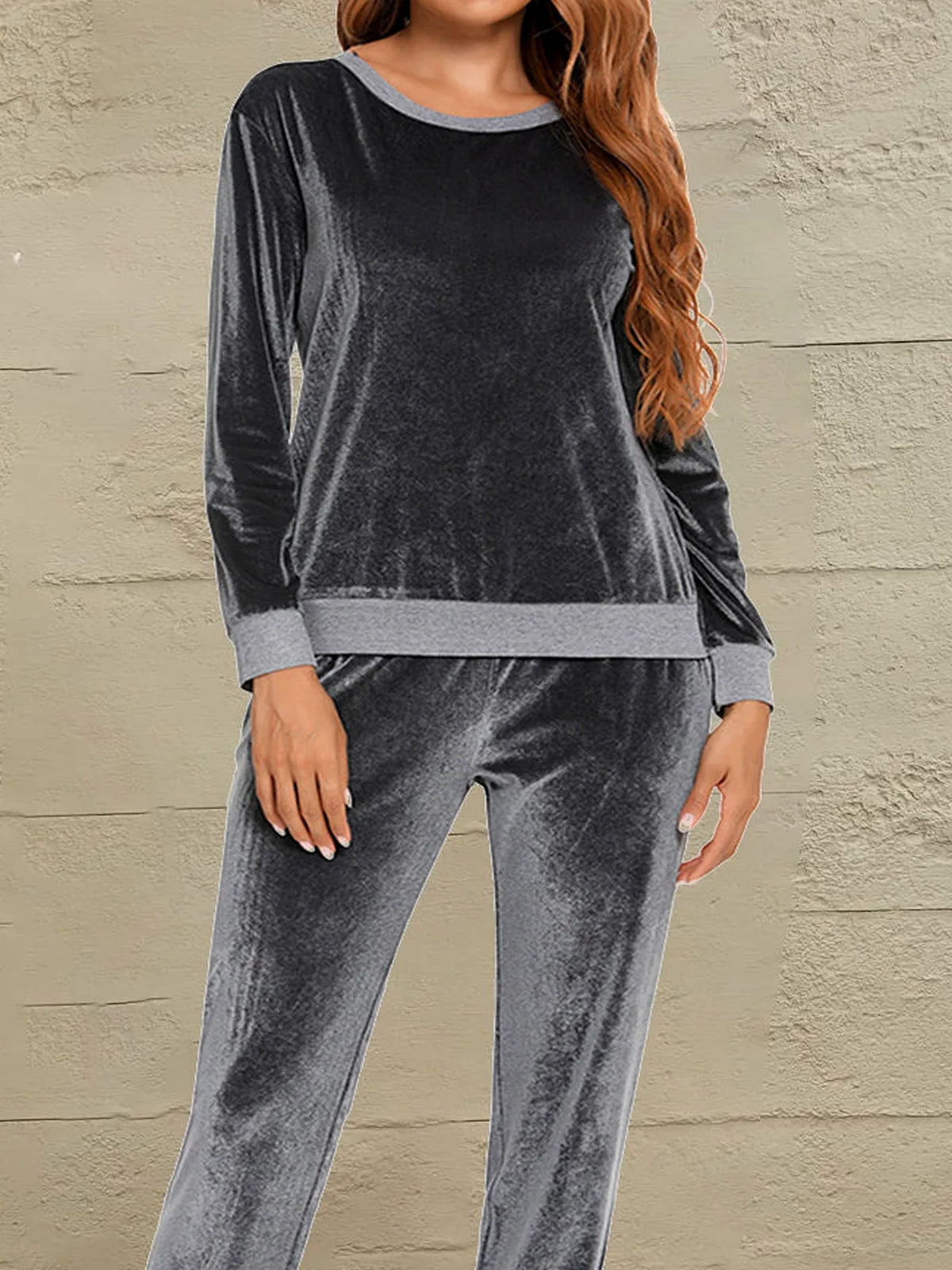 Round Neck Long Sleeve Loungewear Set with Pockets — detail view — Livostyle