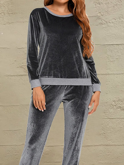 Round Neck Long Sleeve Loungewear Set with Pockets — detail view — Livostyle