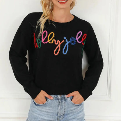 Black Red Embroidered Round Neck Long Sleeve Sweater — square view — Livostyle