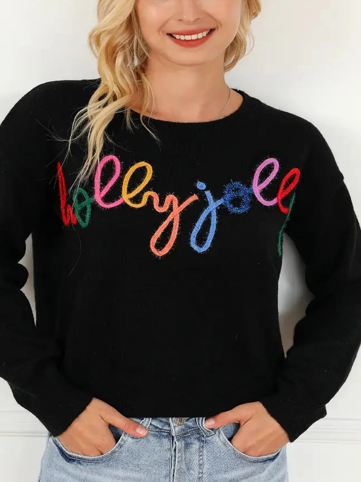 Black Red Embroidered Round Neck Long Sleeve Sweater — detail view — Livostyle