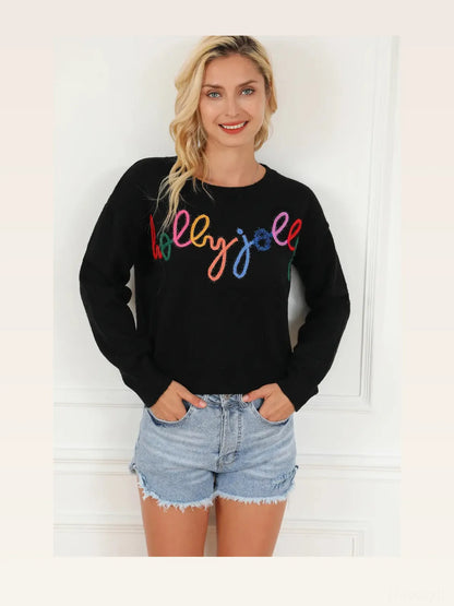 Black Red Embroidered Round Neck Long Sleeve Sweater — styled showcase — Livostyle