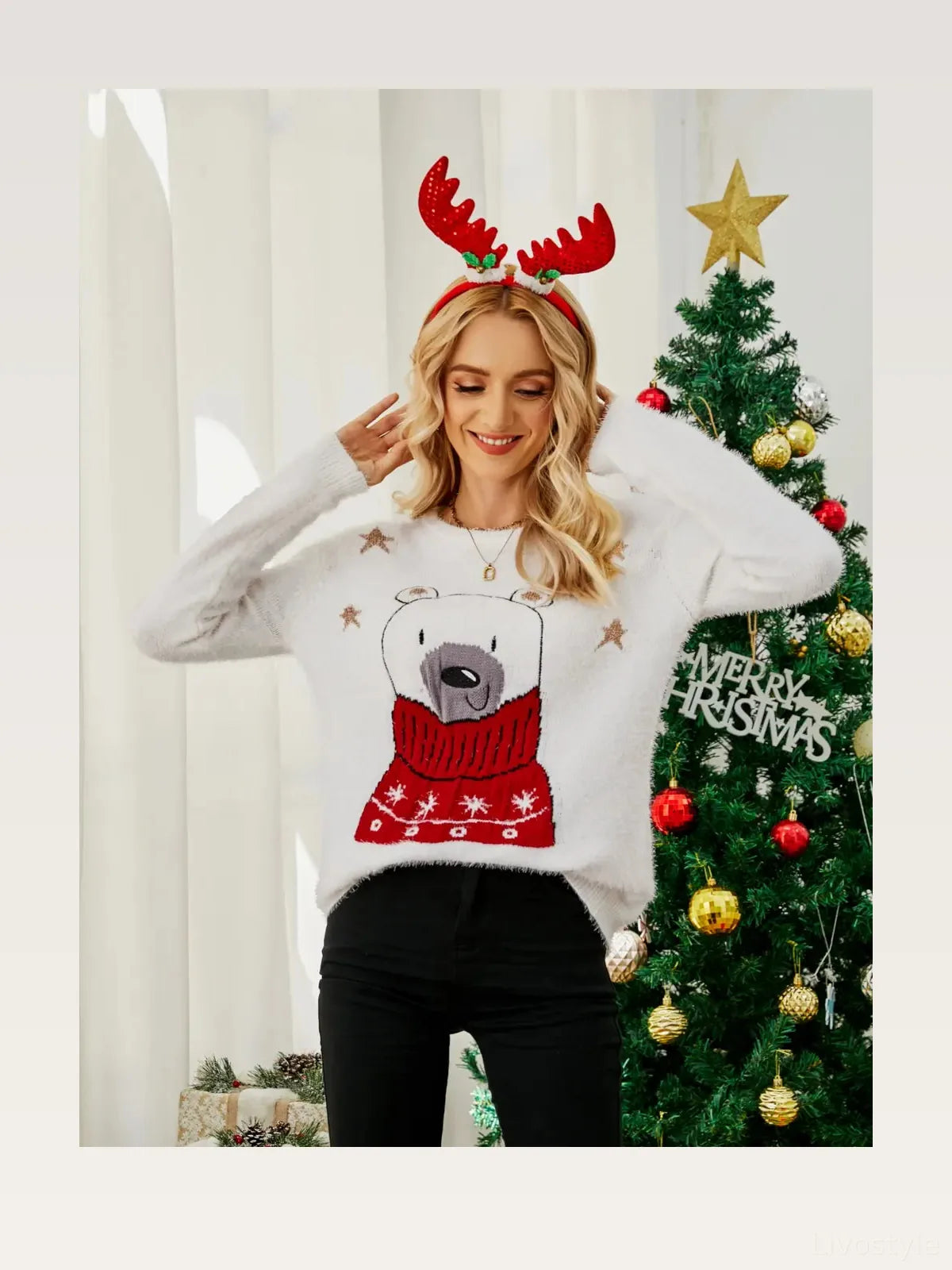 Cloudy Blue White Bear Print Round Neck Long Sleeve Sweater — styled showcase — Livostyle
