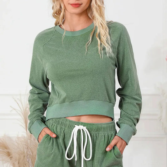Round Neck Long Sleeve Top and Drawstring Shorts Lounge Set — square view — Livostyle