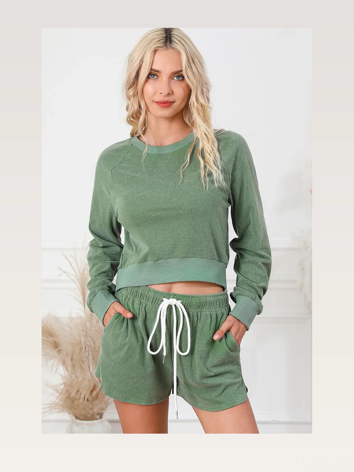 Round Neck Long Sleeve Top and Drawstring Shorts Lounge Set — styled showcase — Livostyle