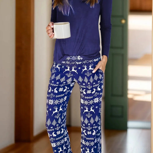 Round Neck Long Sleeve Top and Printed Pants Lounge Set — square view — Livostyle