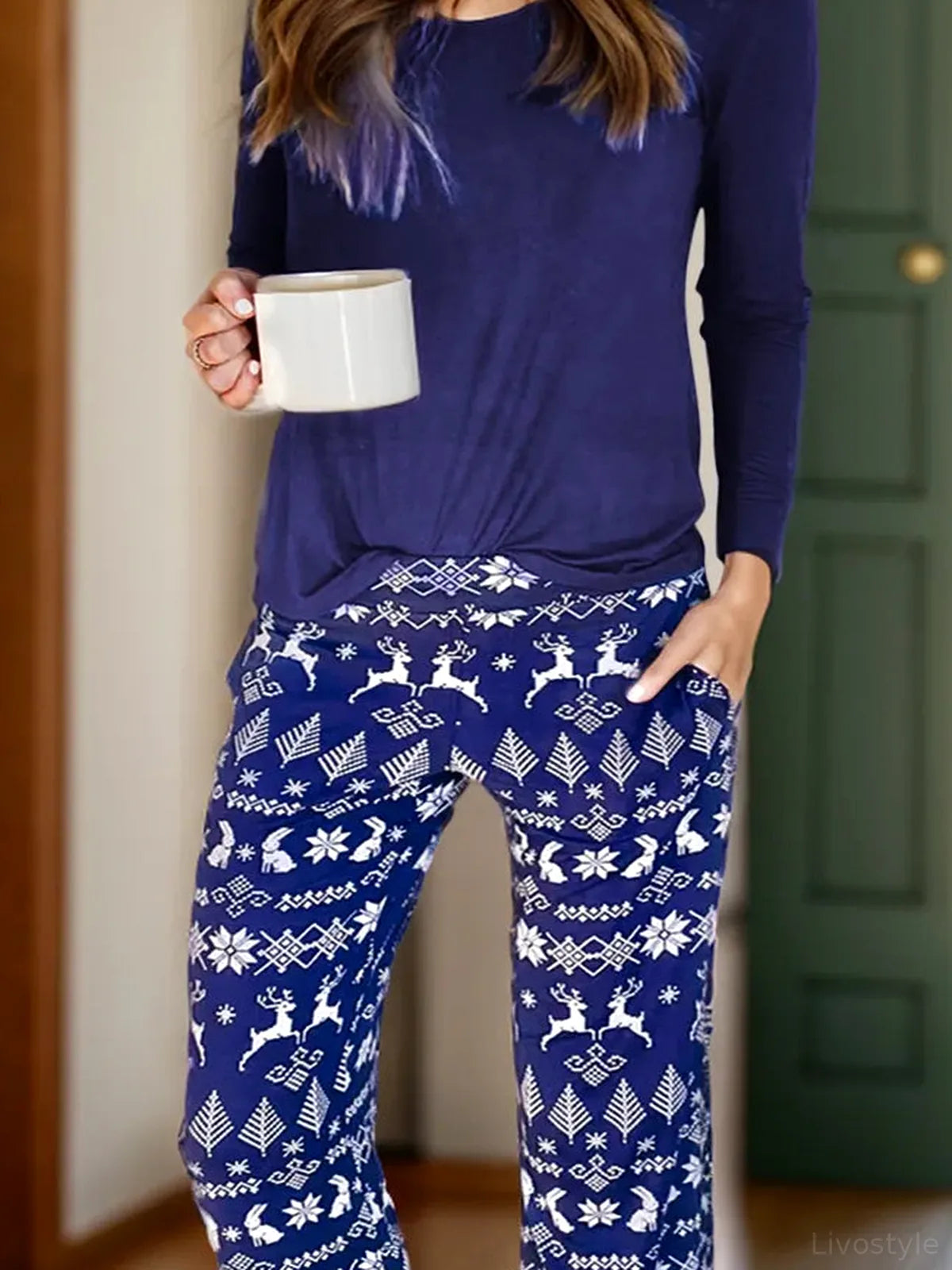 Round Neck Long Sleeve Top and Printed Pants Lounge Set — detail view — Livostyle