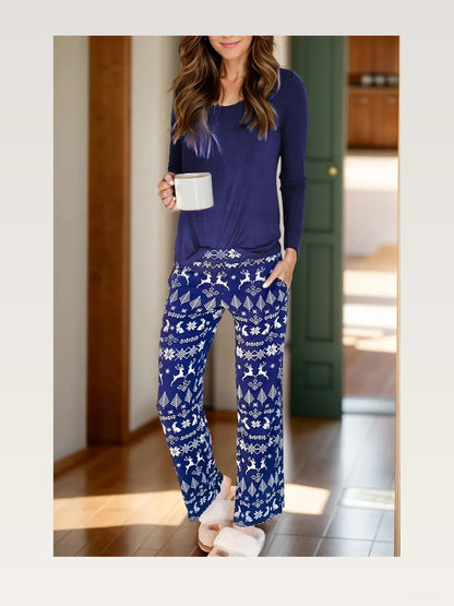 Round Neck Long Sleeve Top and Printed Pants Lounge Set — styled showcase — Livostyle