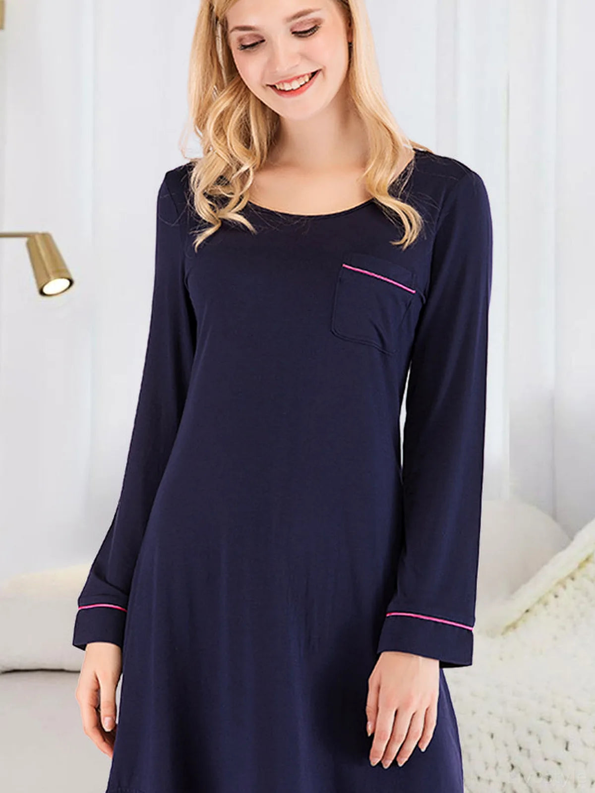 Round Neck Night Dress with Pocket — detail view — Livostyle