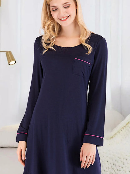 Round Neck Night Dress with Pocket — detail view — Livostyle